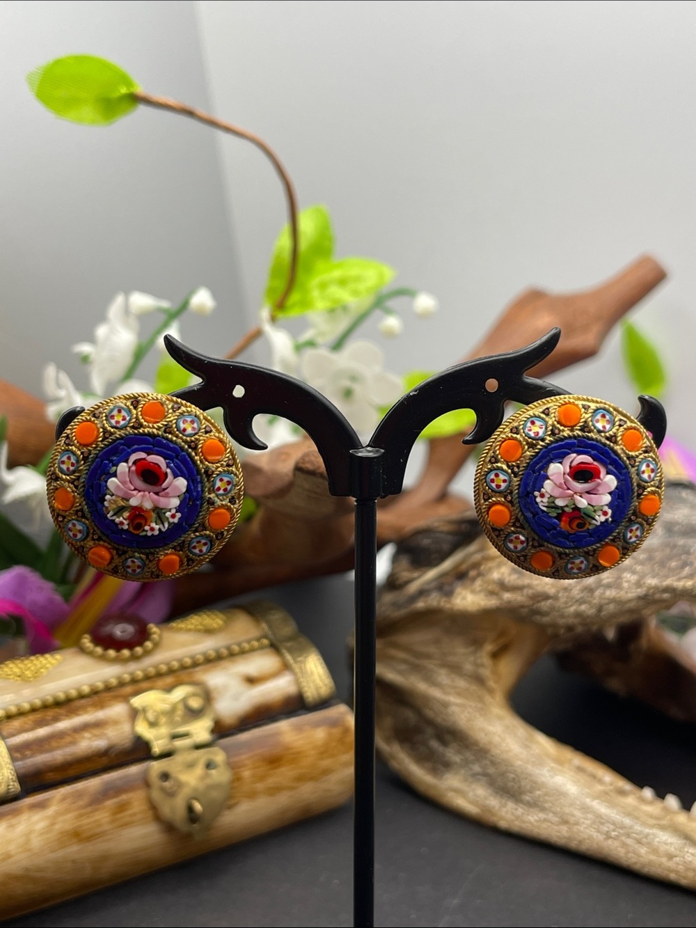 Mosaic floral clip earrings vintage